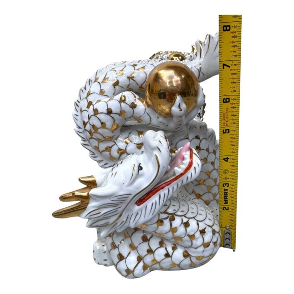 Vintage Yoshimi K Foo Dog Dragon Figurine Gold Red Accents 8" Mythical Orb Ball - Picture 6 of 8